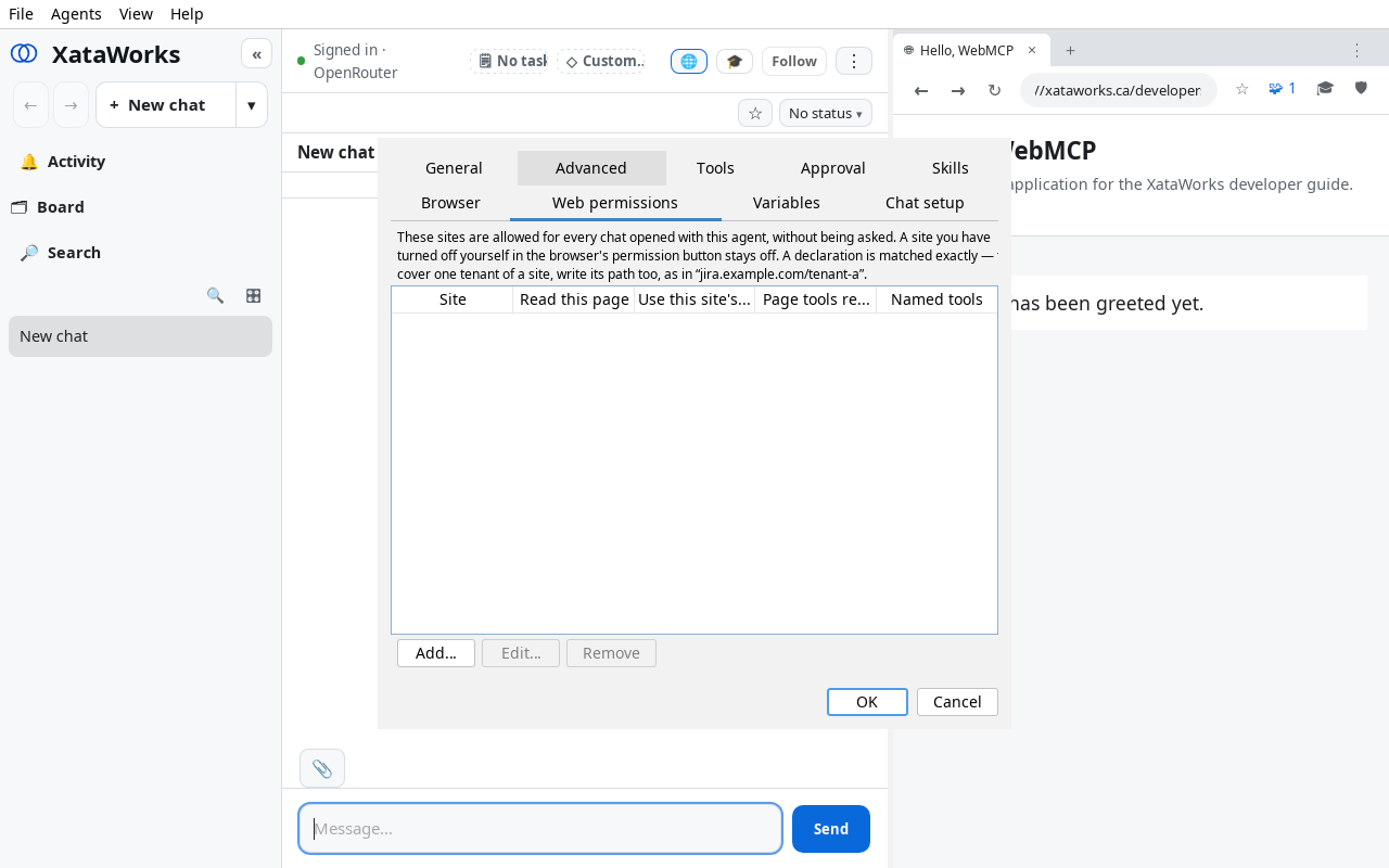 The agent form on its Web permissions tab. Help text explains that these sites are allowed for every chat opened with this agent without being asked. A table with the columns Site, Read this page, Use this site's page tools, Page tools reach and Named tools, empty, and buttons Add…, Edit… and Remove.