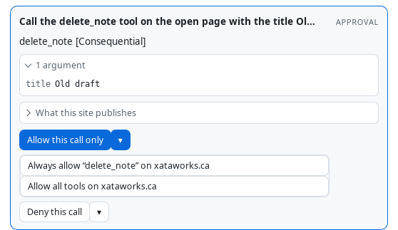 The confirmation card with its approval menu open: Always allow &ldquo;delete_note&rdquo; on xataworks.ca; Allow all tools on xataworks.ca.
