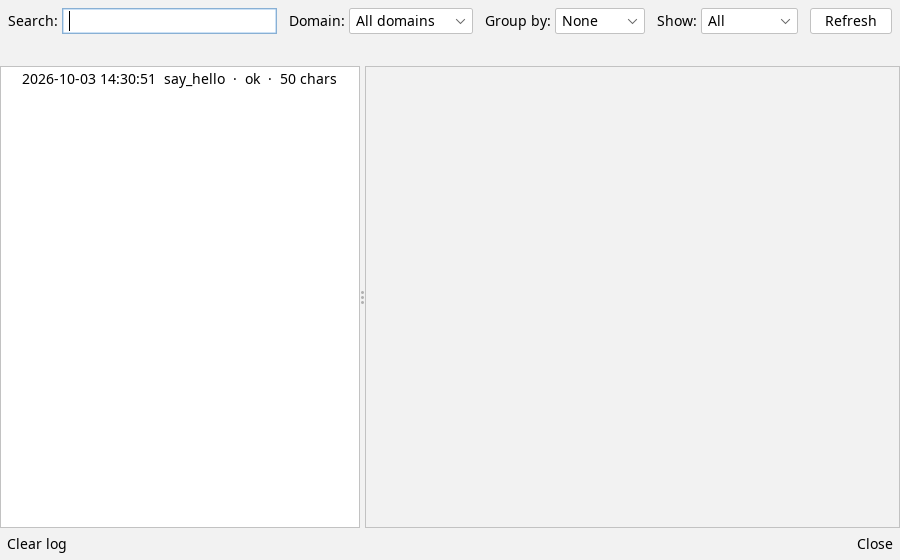 The WebMCP call log window, with a search box and Domain, Group by and Show filters across the top. One entry: the date and time, say_hello, ok, 50 chars. The detail pane beside it is empty until an entry is selected.