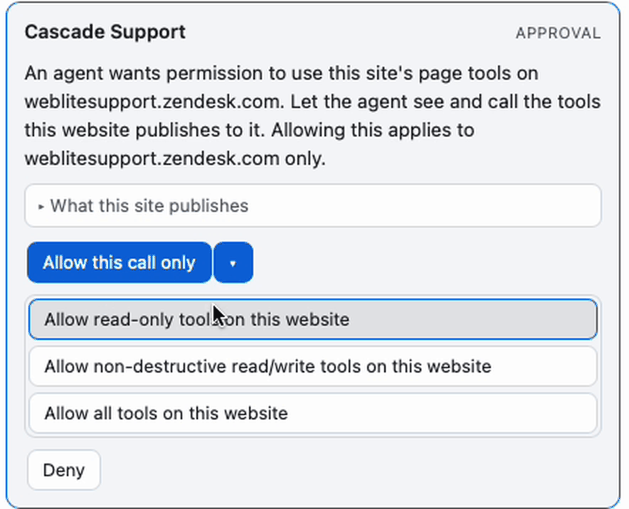 An approval card in the chat. It reads: an agent wants permission to use this site's page tools on weblitesupport.zendesk.com. Buttons: Allow this call only, with a dropdown open showing Allow read-only tools on this website, Allow non-destructive read/write tools on this website, and Allow all tools on this website — and below them, Deny.